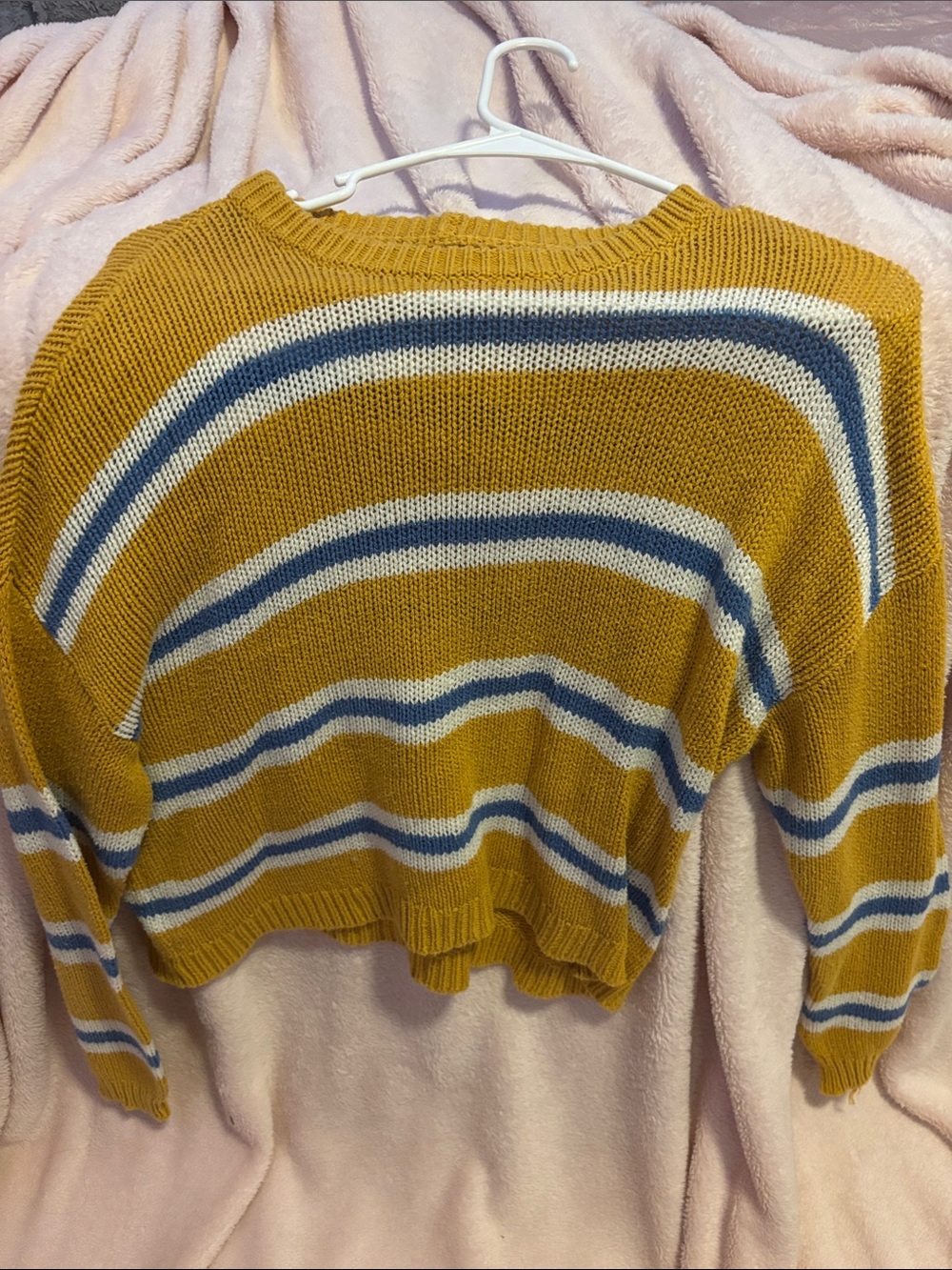 Old Navy Striped Mustard, White & Blue Crewneck Sweater